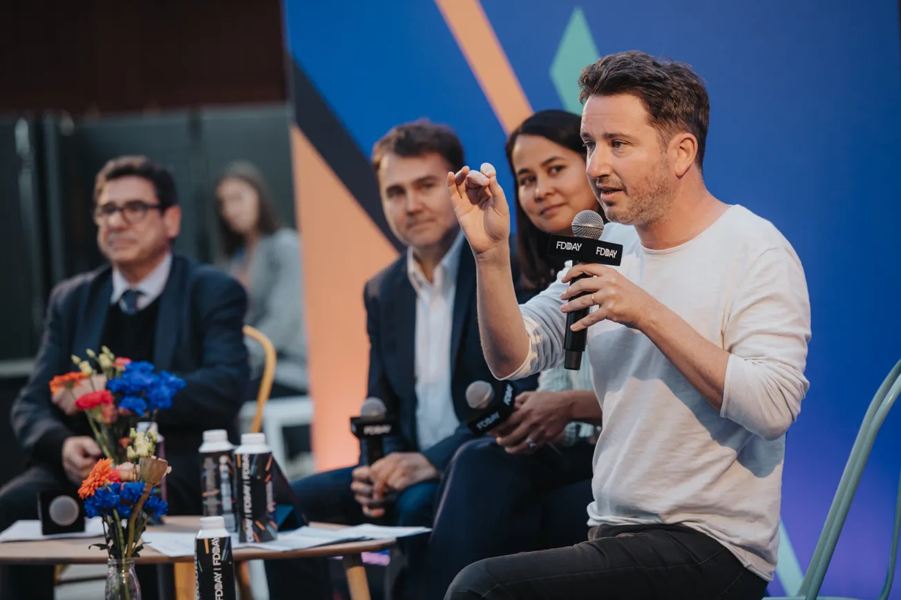 From left to right: economist Phillipe Aghion, FD vice president & entrepreneur Frédéric Mazella, FD MD Maya Noël, economist Gabriel Zucman. Photo by David Arous